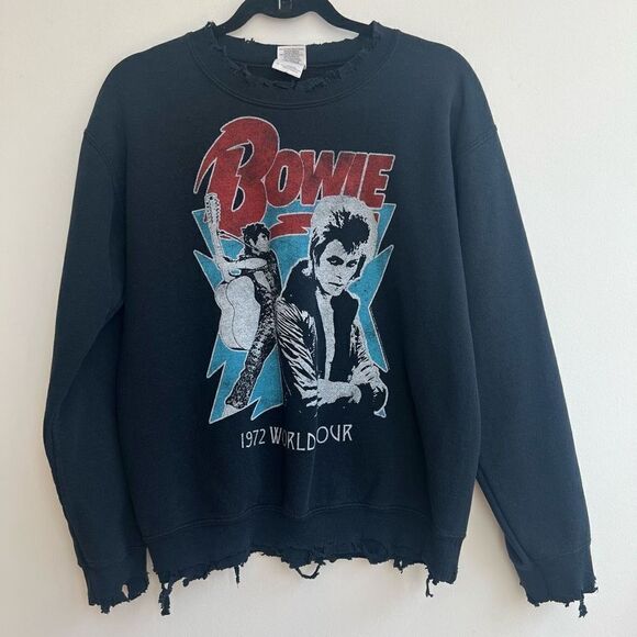 Gildan Mens Sweatshirt Long Sleeve David Bowie Distressed Print Black Size Small - Picture 1 of 9